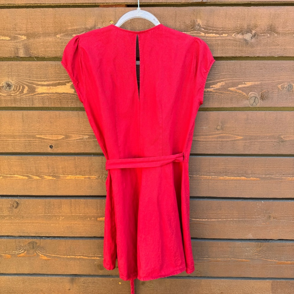 Reformation Rodin Plunge V-Neck 100% Linen Wrap Mini Dress M Red - Picture 6 of 9